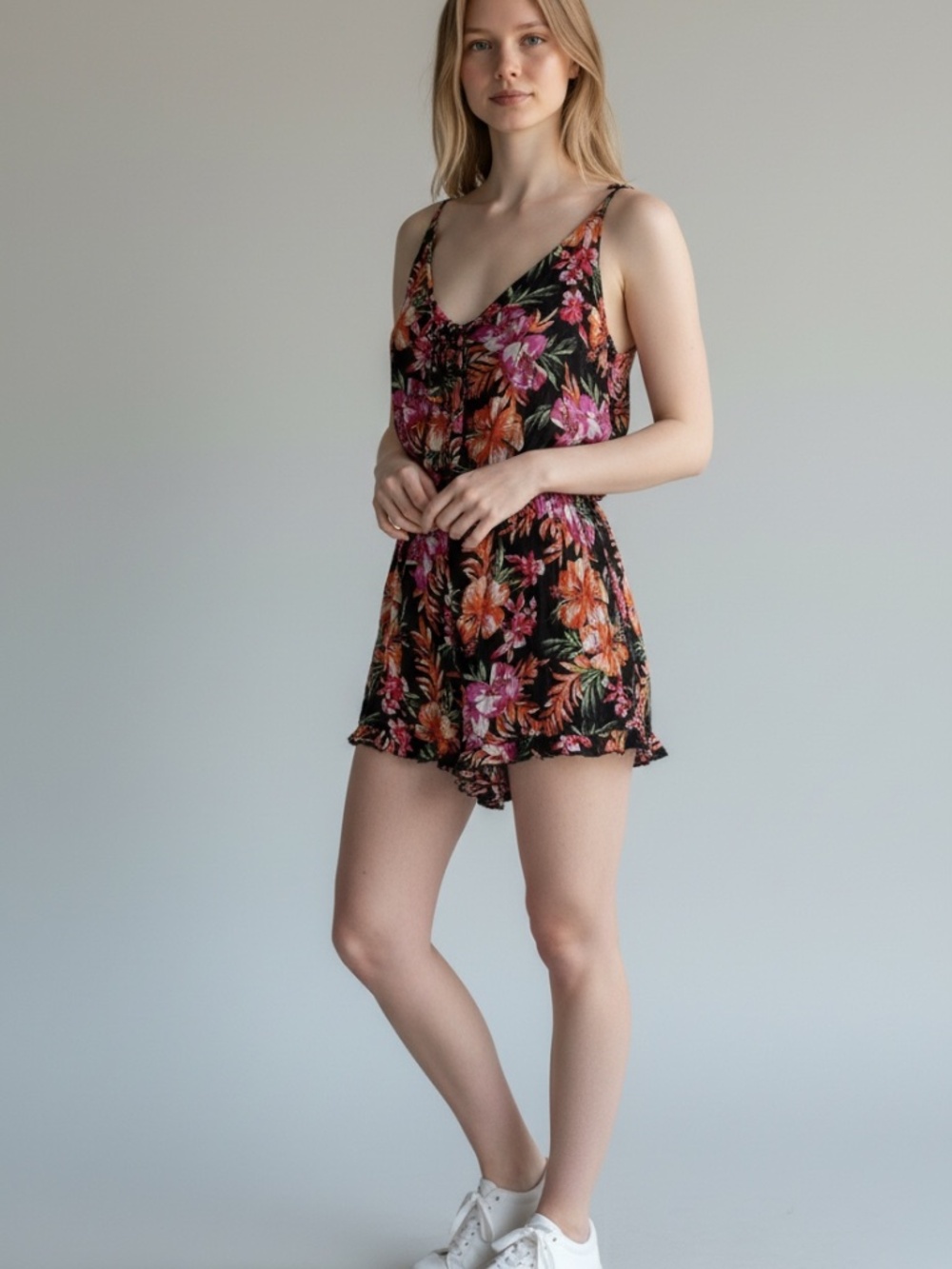 Mossimo Supply Co. Tropical Floral Tie-Front Romper Black Pink Orange Medium